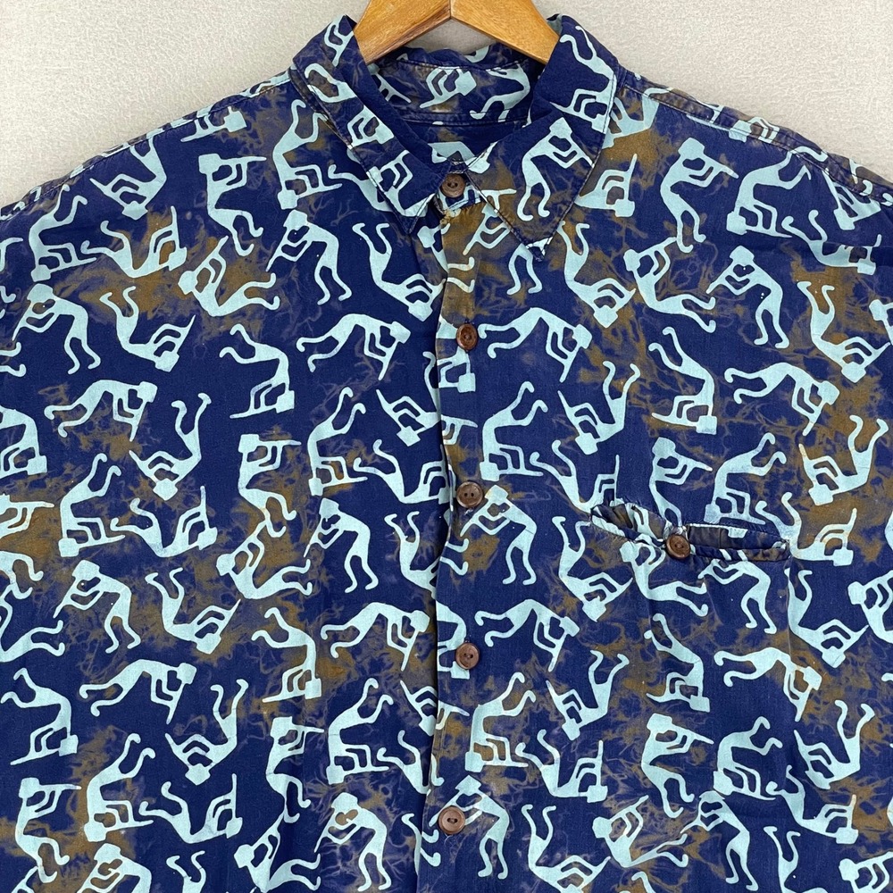 VTG Mutiara Art Bali Camp Shirt Mens XL Blue Rayon Hawaiian Dancing Musician